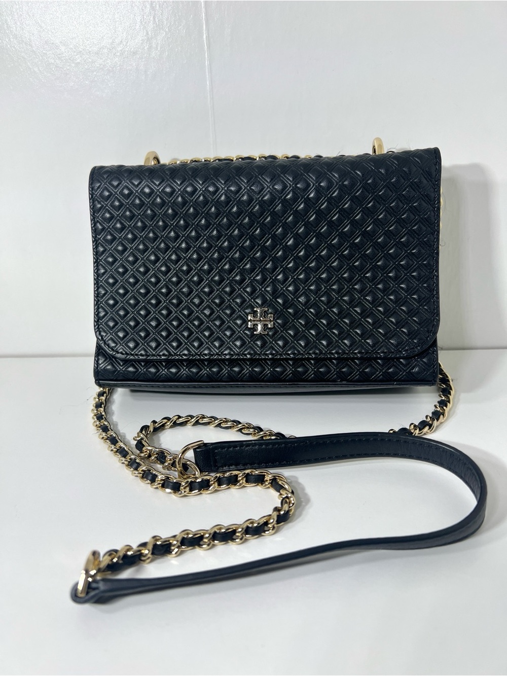 Tory Burch Black Marion Embossed Shrunken Crossbody Bag